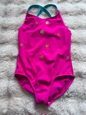 Boden Pink and Teal Foil spot Girls  crossback Swimsuit